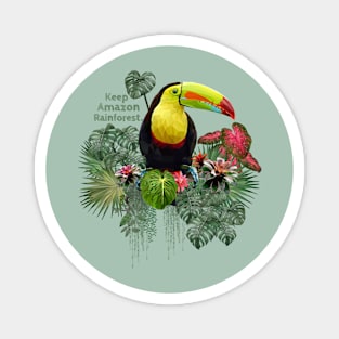 Drawn polygonal art of toucan birds with keep amazon wording. Magnet